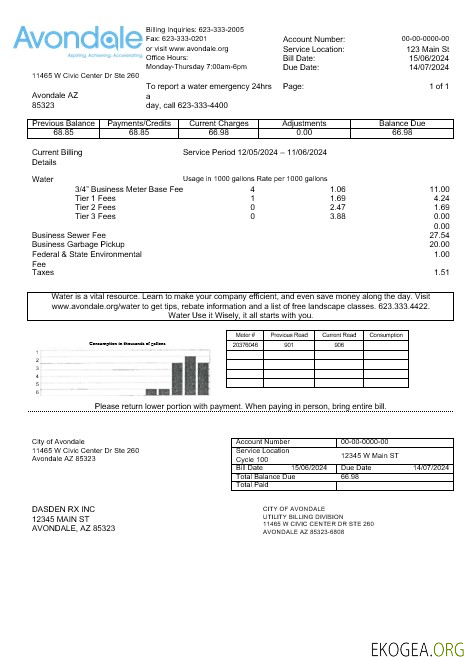 États Unis Arizona La ville d'Avondale Water modèle de facture de services publics aux formats Word et PDF